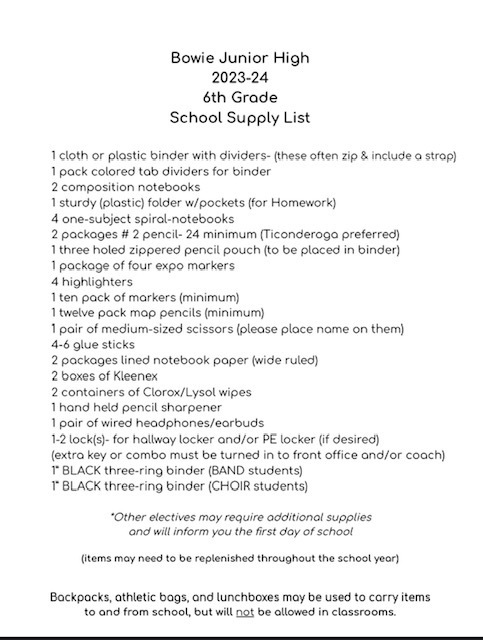 2023-24 6th Grade Supply List