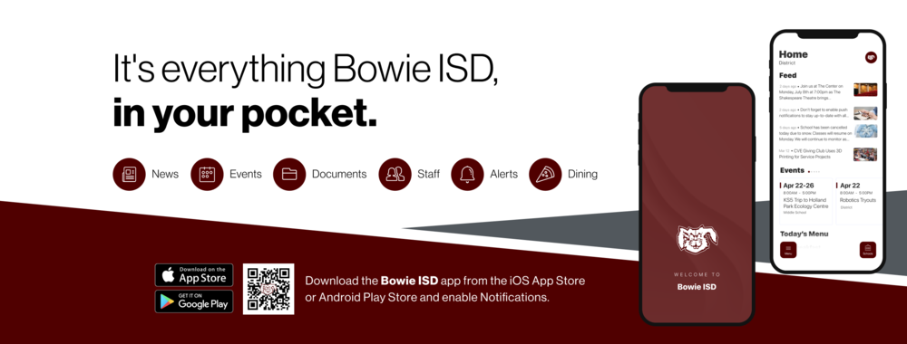 Bowie mobile app flyer reading, "It's everything Bowie ISD, in your pocket."