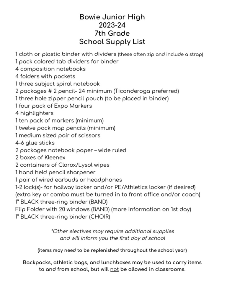 2023-24 7th Grade Supply List