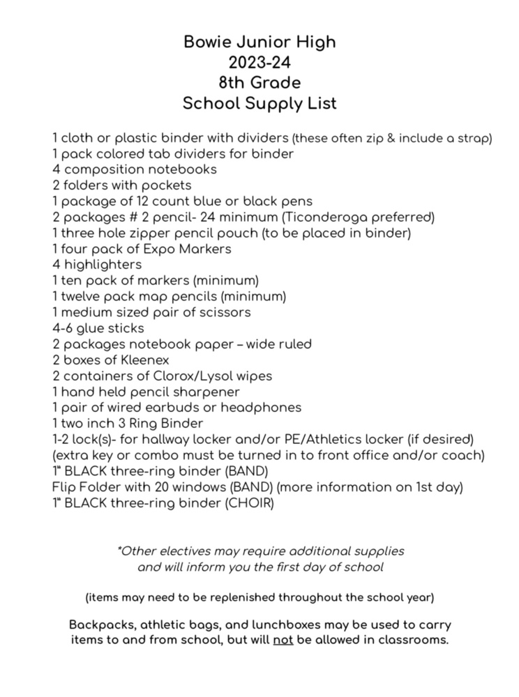 2023-24 8th Grade Supply List