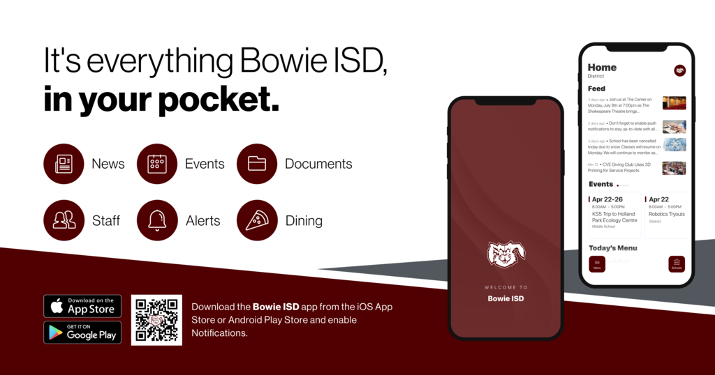 Flyer for Bowie ISD mobile app reading, "It's everything Bowie ISD, in your pocket."