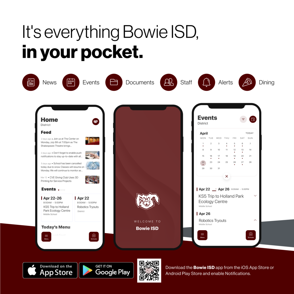 Flyer for Bowie ISD mobile app reading, "It's everything Bowie ISD, in your pocket."